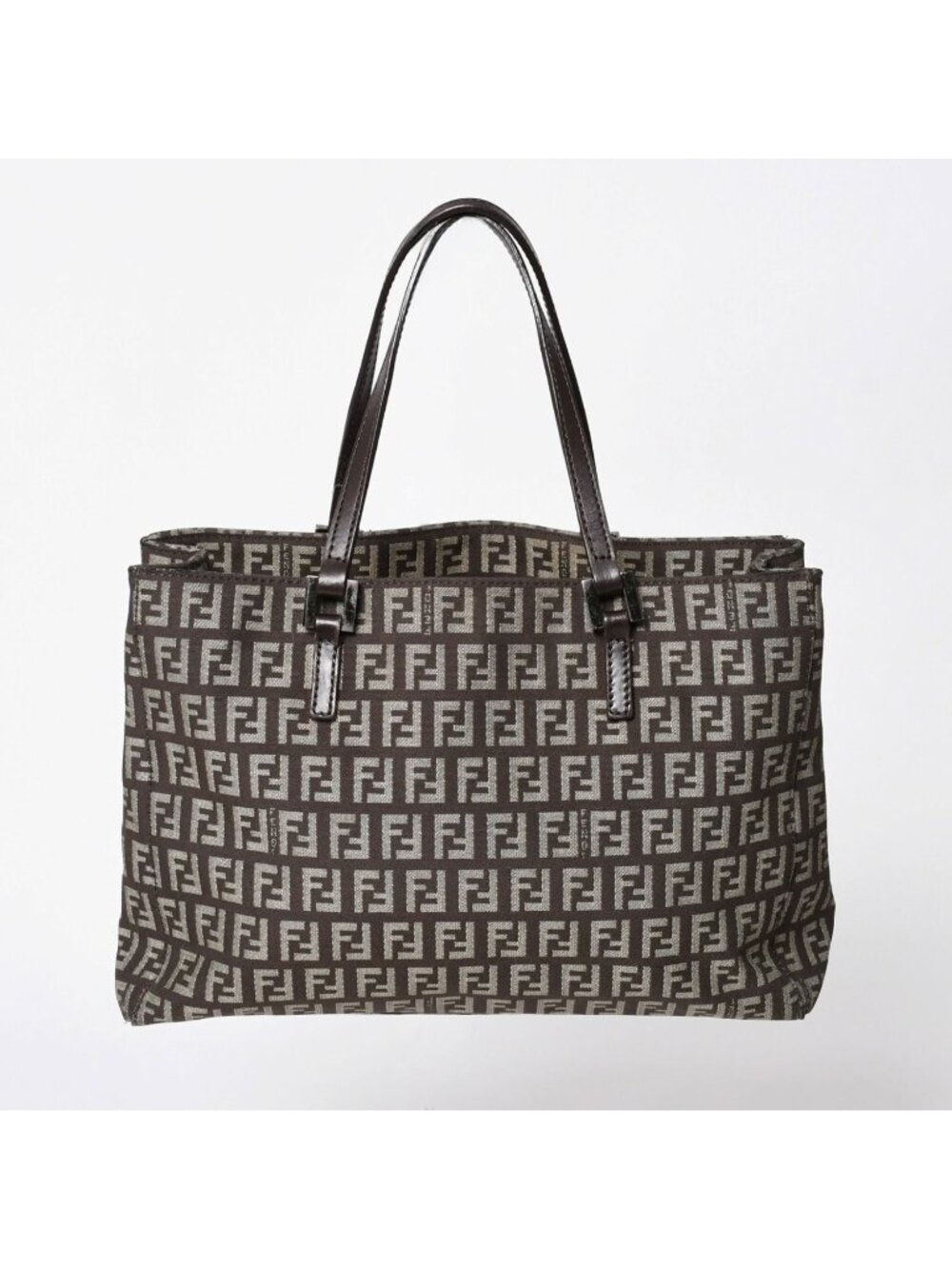 Fendi Zucchino Pattern Handbag Canvas Leather Brown Black Metal
